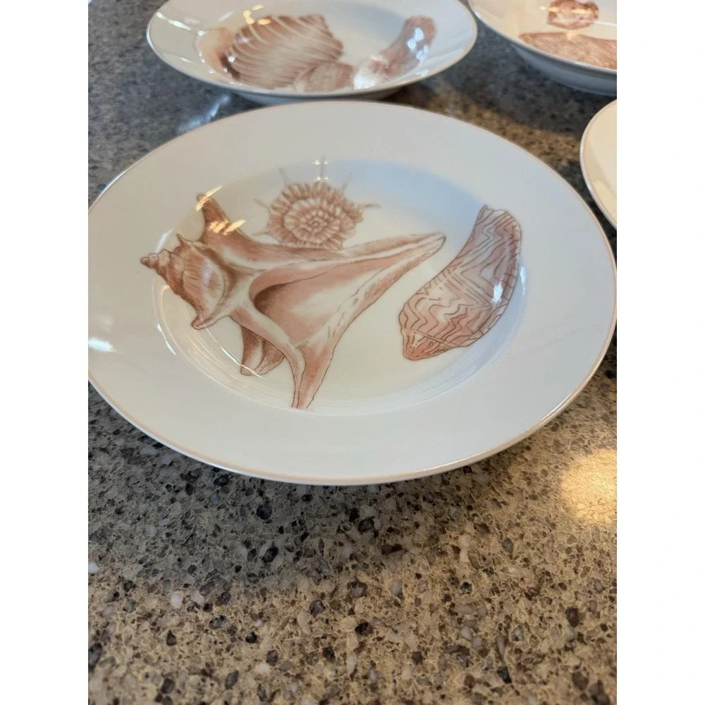 Set Of 4 - VTG  Fitz & Floyd Coquille Lg Rim Soup Bowls Peach Shells Coastal EUC